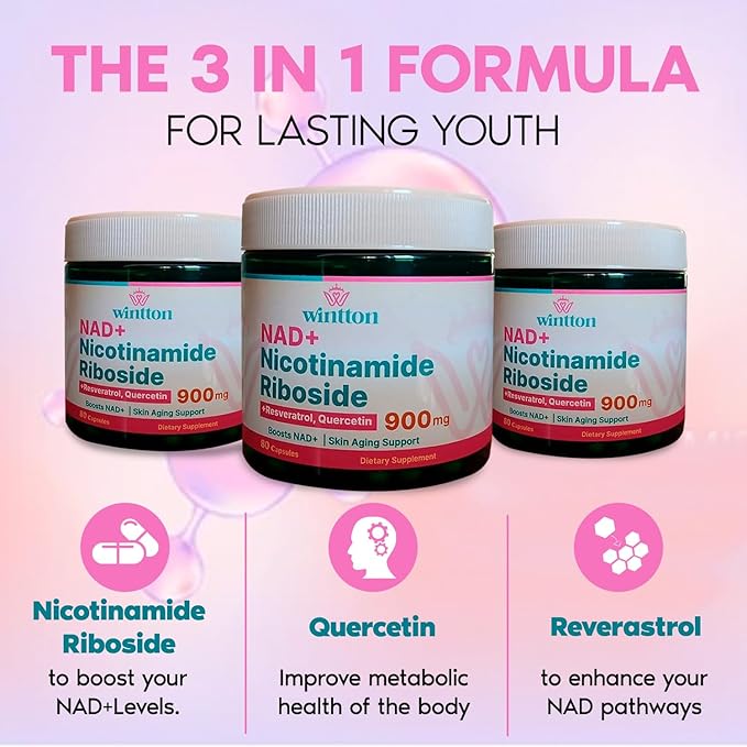 NAD Suplement Nicotinamide Riboside Supplement 900mg with Resveratrol & Quercetin | Boosts NAD+ & Supports Skin Aging | 80 Capsules - Image 4
